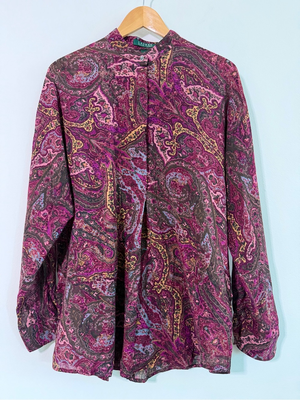 Lauren Ralph Lauren Paisley Mandarin Collar Purple Sheer Pullover Blouse Large